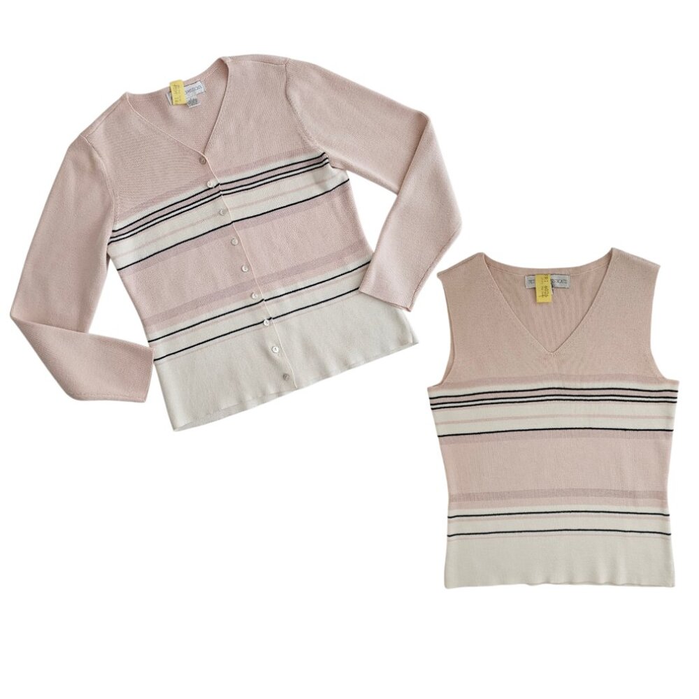 Petite Sophisticate Striped Sweater Set  | EUC | XSP | Pink Cream Navy - Picture 2 of 16